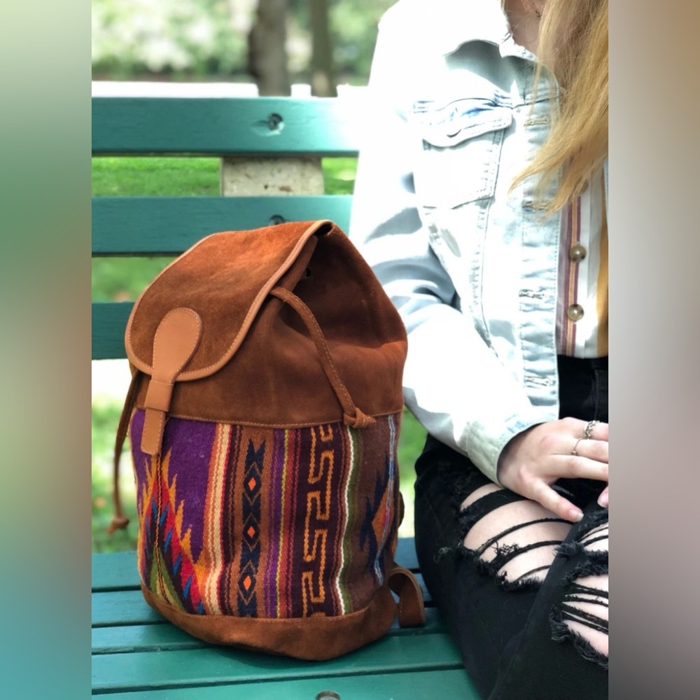 Suede Backpack With Tribal Pattern - image 7